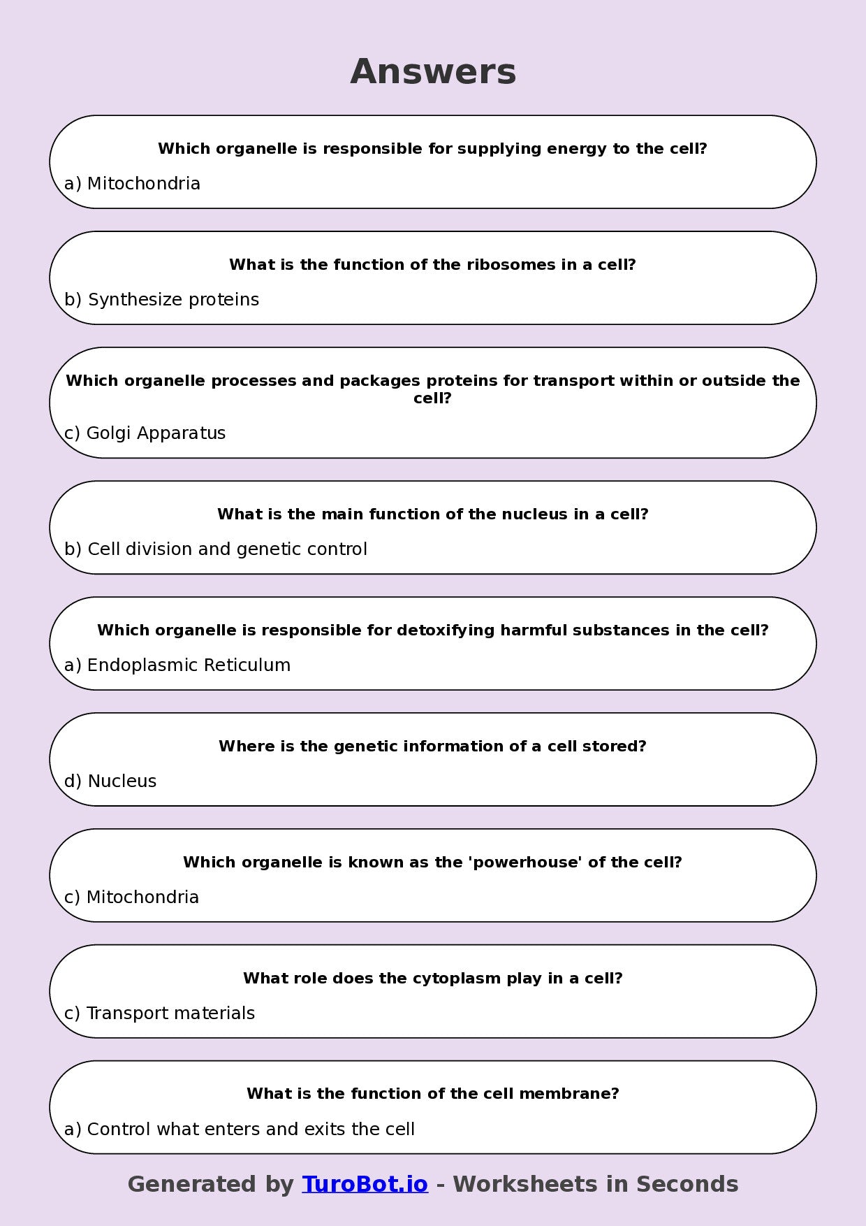 Year 8 Science Multiple Choice Worksheet – Cell Structure Introduction ...