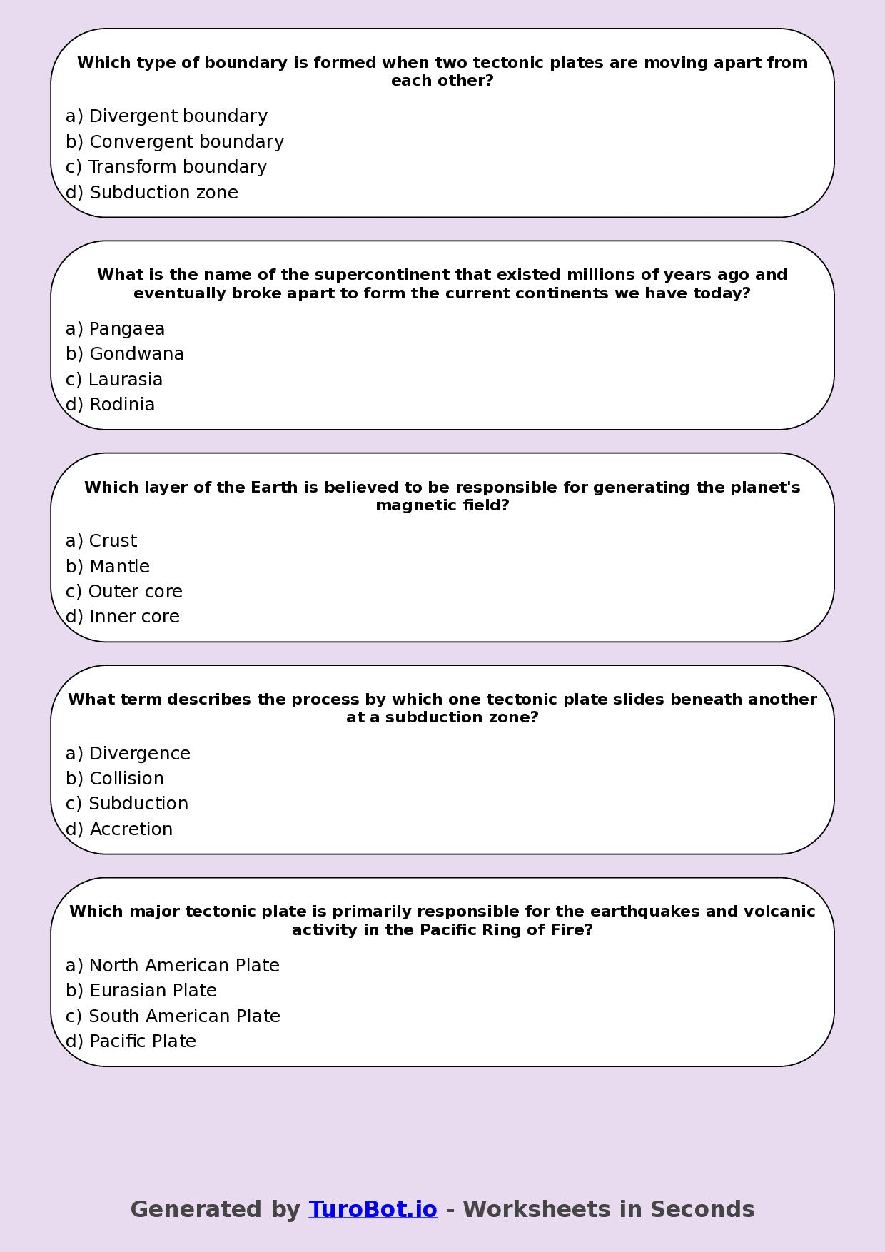 Year 8 Science Multiple Choice Worksheet – Earths Layers and Plate Movement