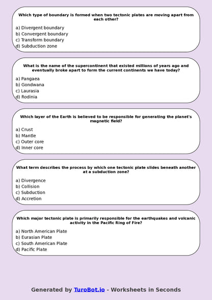 Year 8 Science Multiple Choice Worksheet – Earths Layers and Plate Movement
