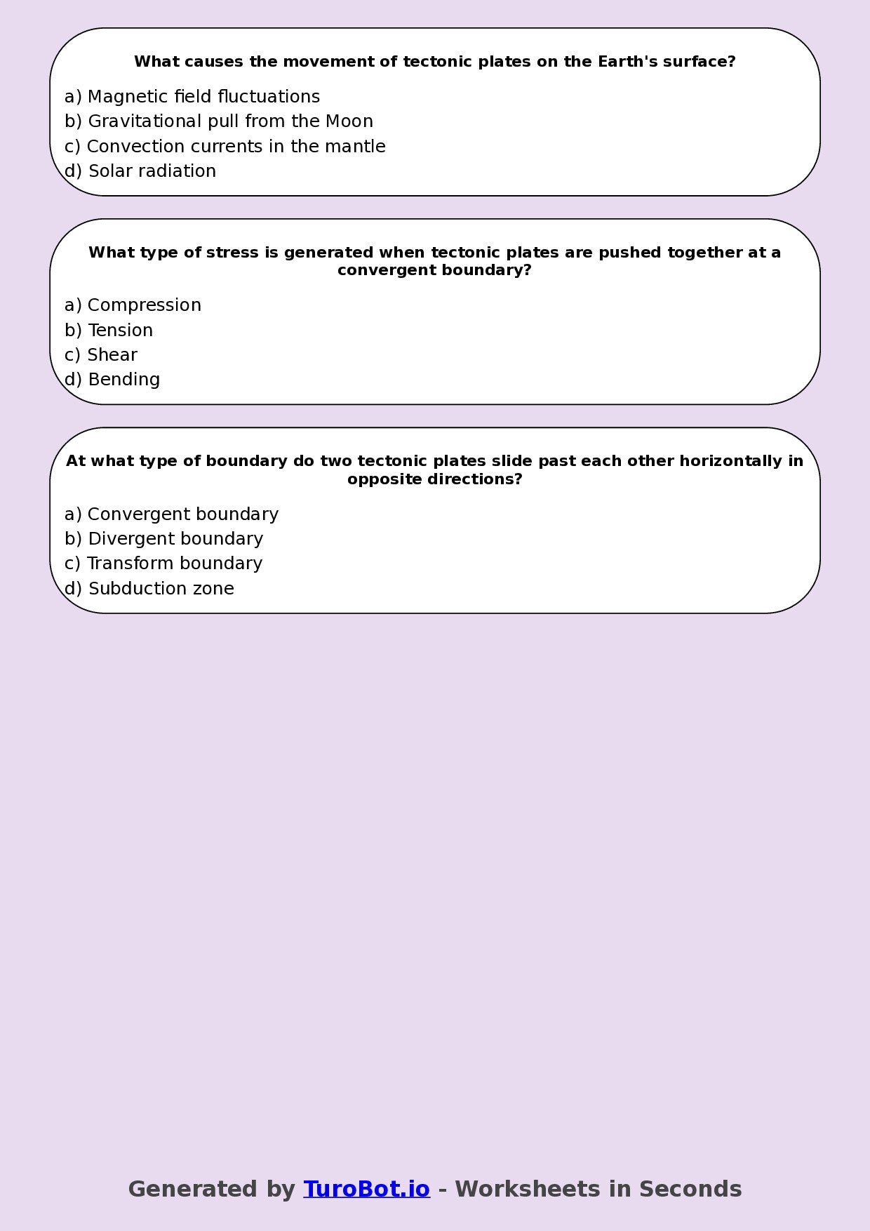 Year 8 Science Multiple Choice Worksheet – Earths Layers and Plate Movement