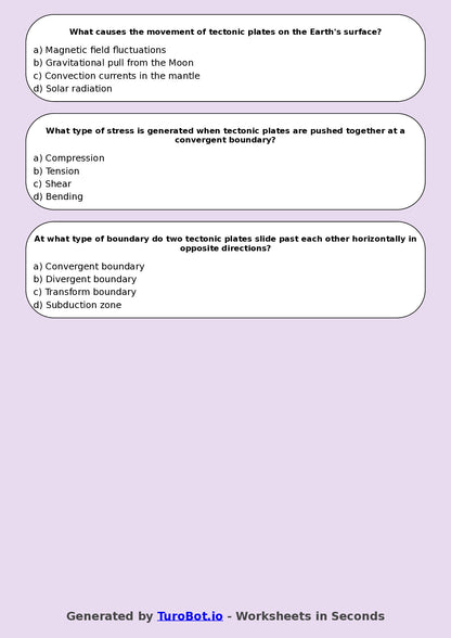 Year 8 Science Multiple Choice Worksheet – Earths Layers and Plate Movement