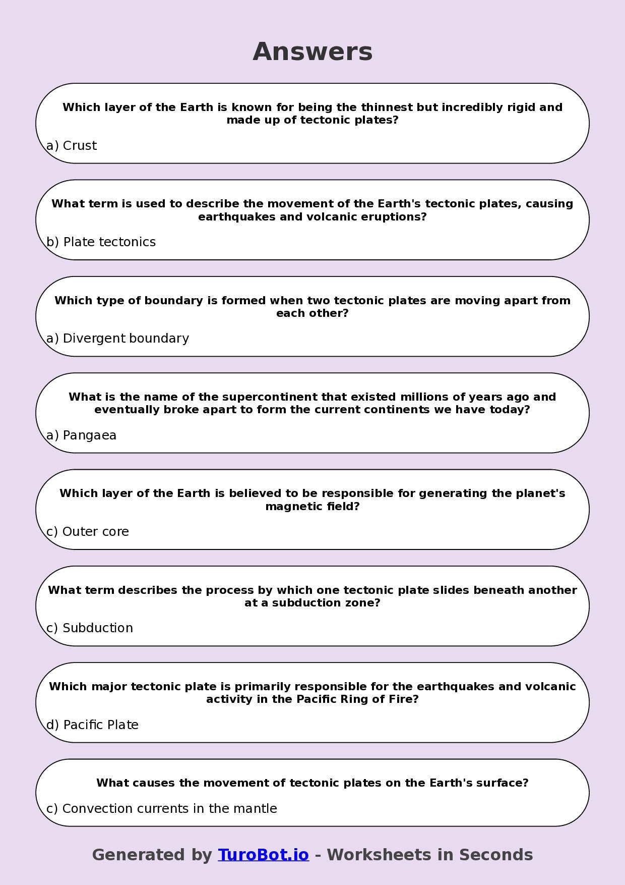 Year 8 Science Multiple Choice Worksheet – Earths Layers and Plate Movement
