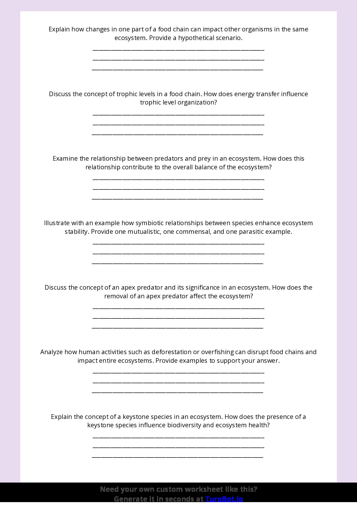 Free Worksheet - Year 8 Science Food Chains and Ecosystems Short Answer Response