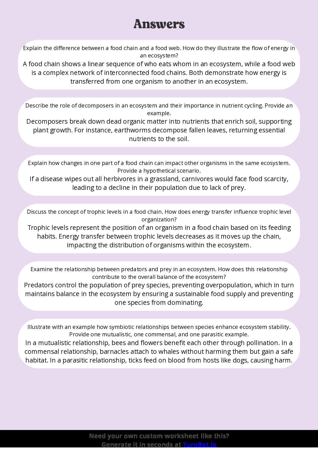 Free Worksheet - Year 8 Science Food Chains and Ecosystems Short Answer Response