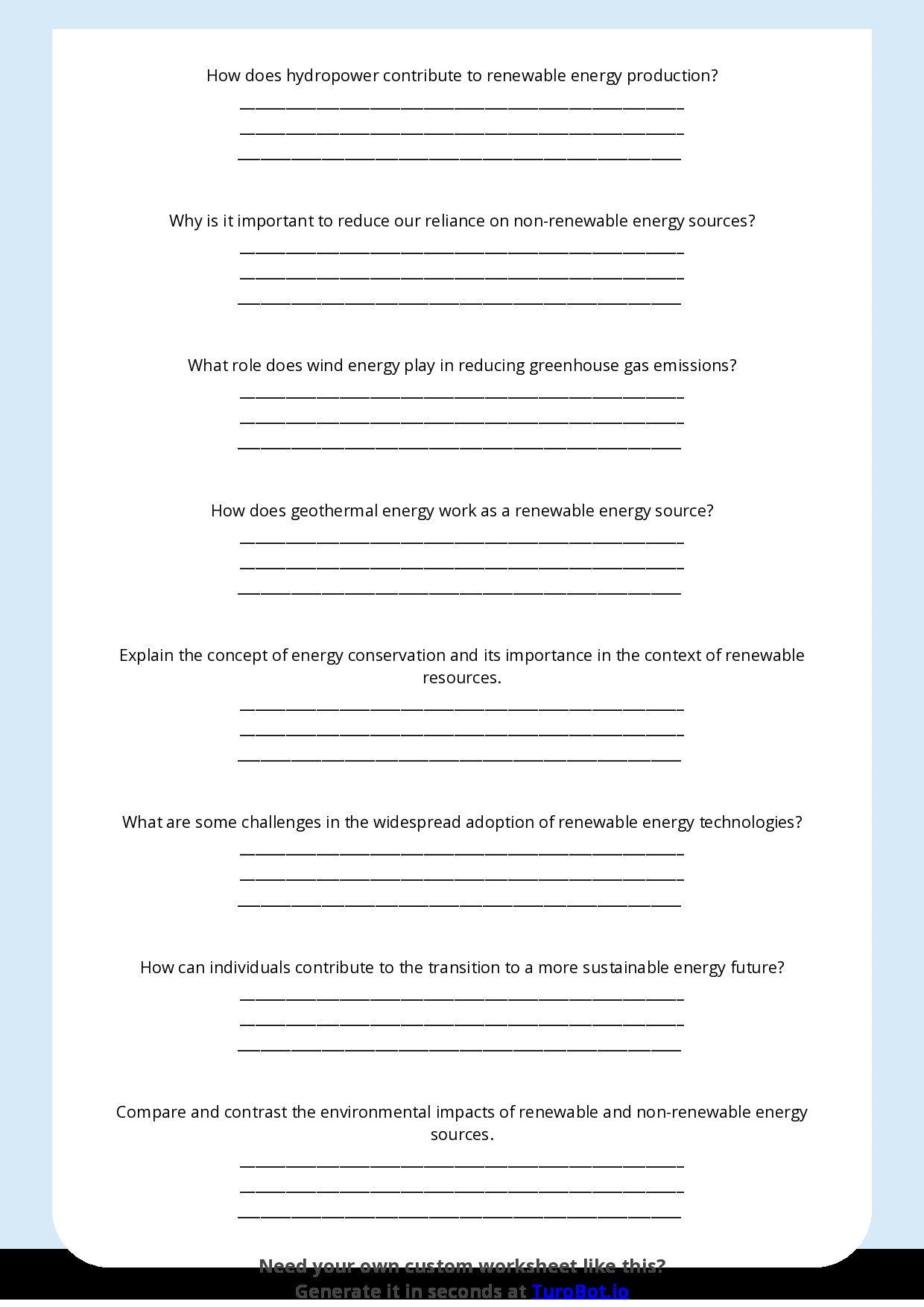 Free Worksheet - Year 8 Science Renewable and Non-Renewable Energy Sources Short Answer Response