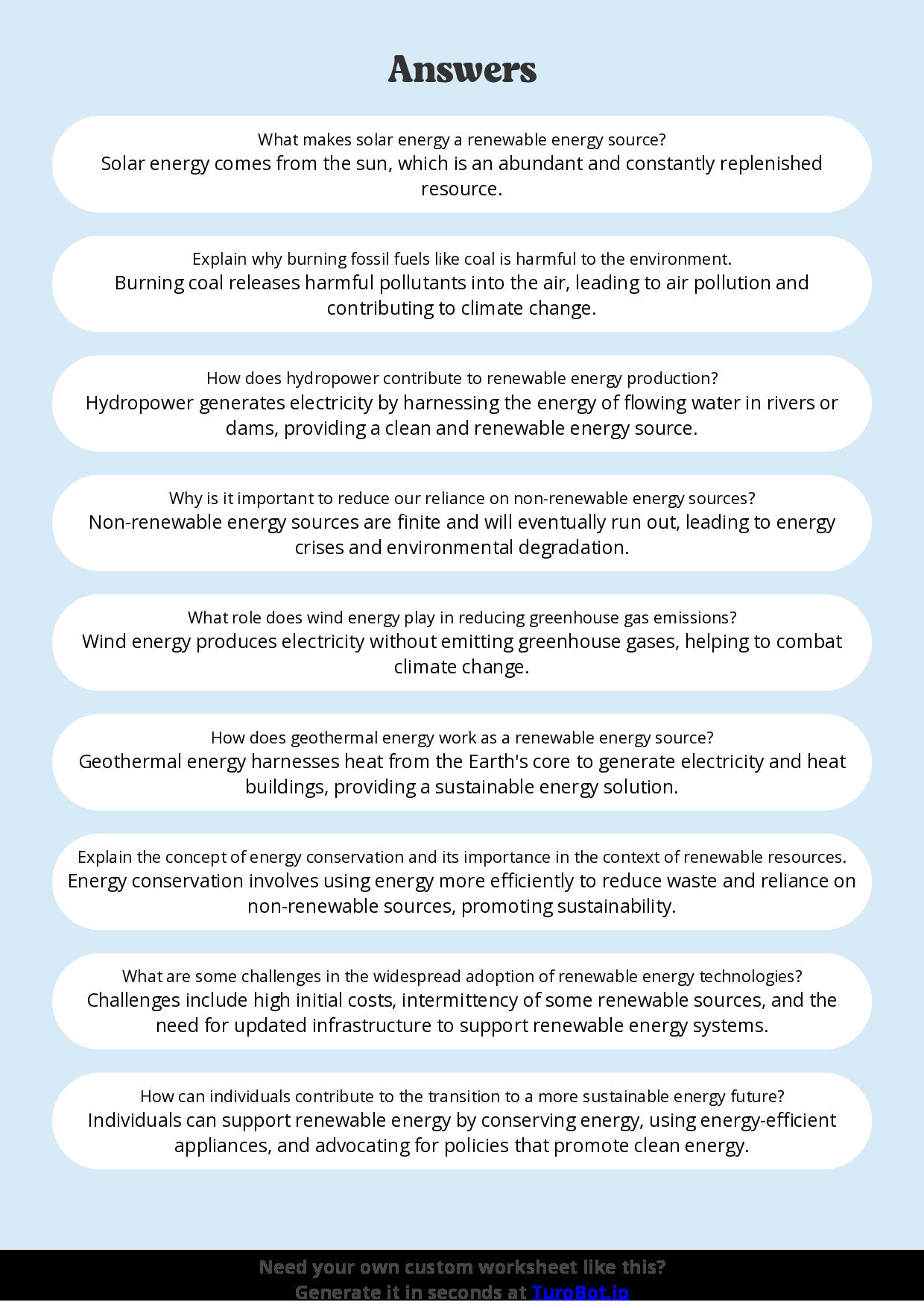 Free Worksheet - Year 8 Science Renewable and Non-Renewable Energy Sources Short Answer Response