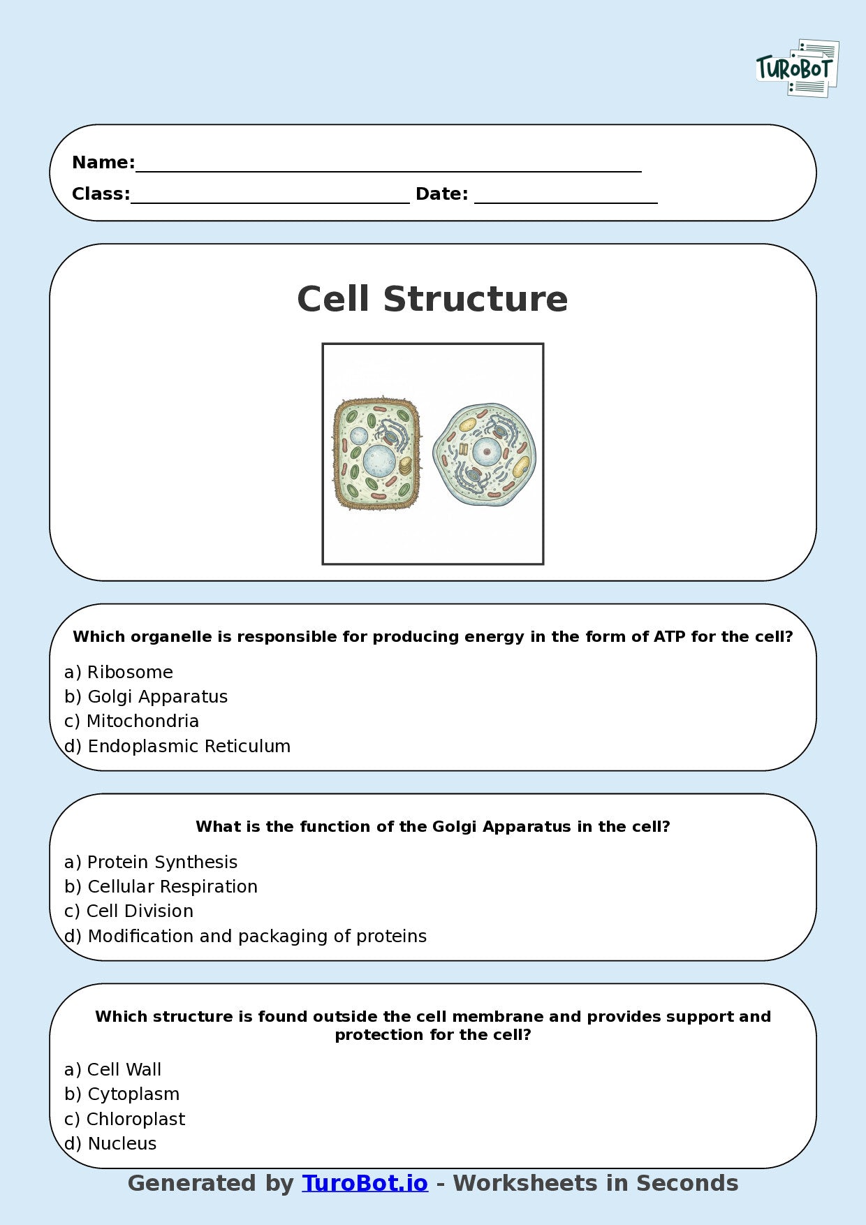 Year 9 Science Multiple Choice Worksheet – Cell Structure and Functions