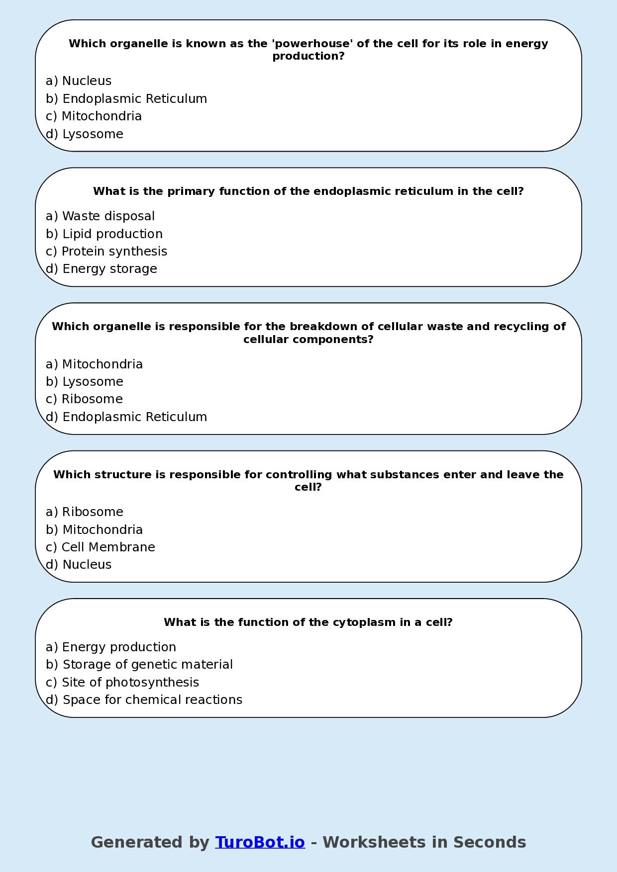 Year 9 Science Multiple Choice Worksheet – Cell Structure and Functions