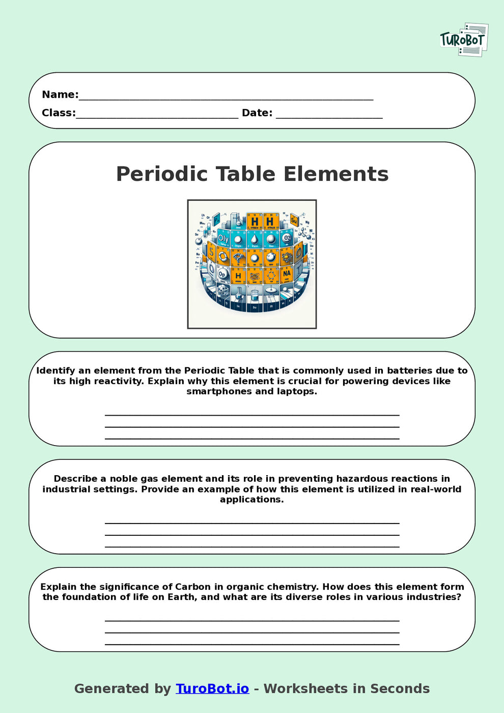 Free Year 9 Science Worksheet – Periodic Table Elements | TuroBot ...