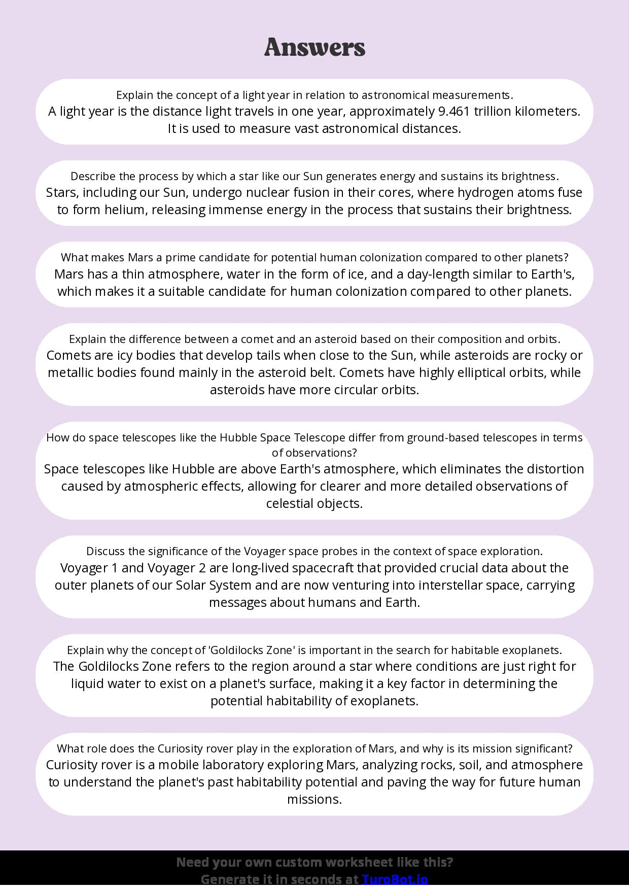 Free Worksheet - Year 9 Science The Solar System and Space Exploration Short Answer Response