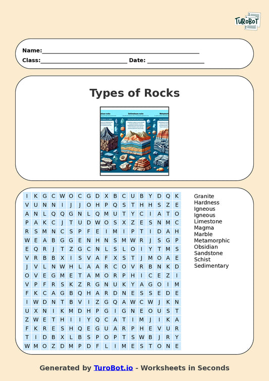 Science - Year 6 - Find a Word - Types of Rocks – Free Find a Word Worksheet
