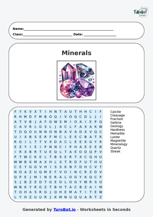 Science - Year 7 - Find a Word - Minerals – Free Find a Word Worksheet