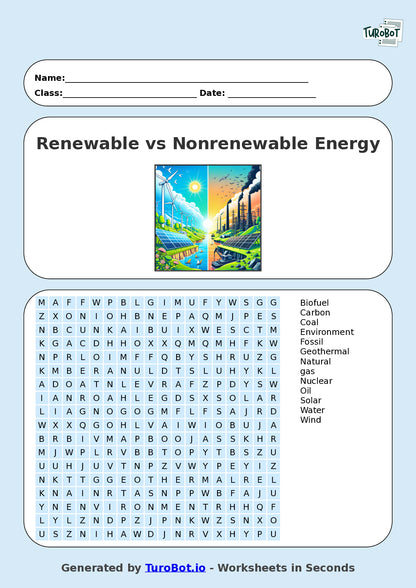 Science - Year 7 - Find a Word - Renewable vs Nonrenewable Energy – Free Find a Word Worksheet