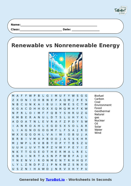 Science - Year 7 - Find a Word - Renewable vs Nonrenewable Energy – Free Find a Word Worksheet