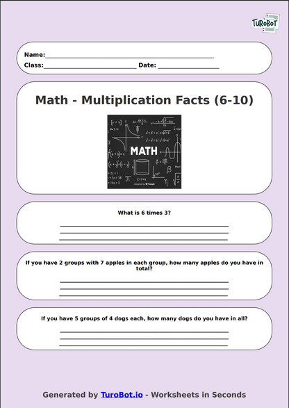 Math - Multiplication Facts (6-10) - Year 3 - Times Tables 6-10