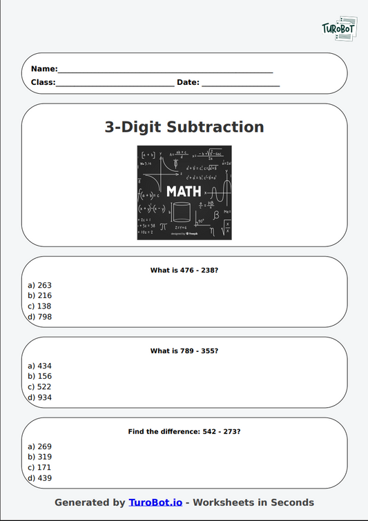 Math - 3-Digit Subtraction without Regrouping - Year 4 - Subtract 3-Digit Numbers