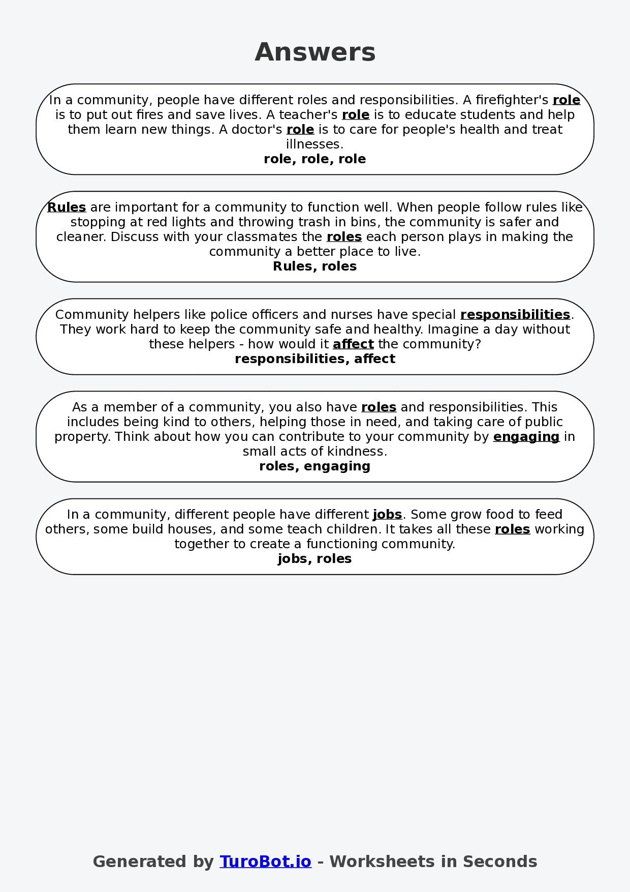 Year 5 Social Studies Fill in the Blanks Worksheet – Community Roles and Responsibilities