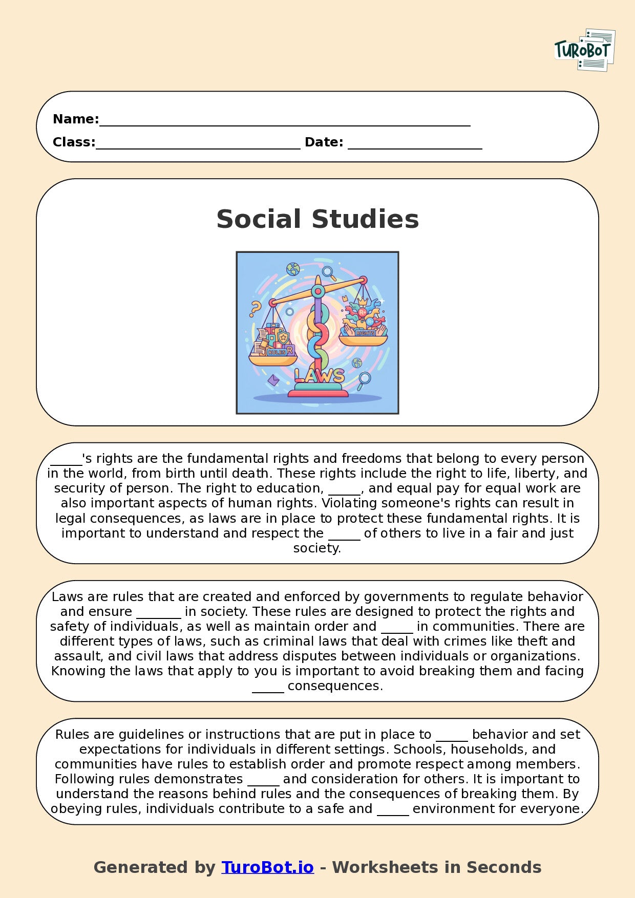 Year 6 Social Studies Fill in the Blanks Worksheet – Rules, Laws, and Rights