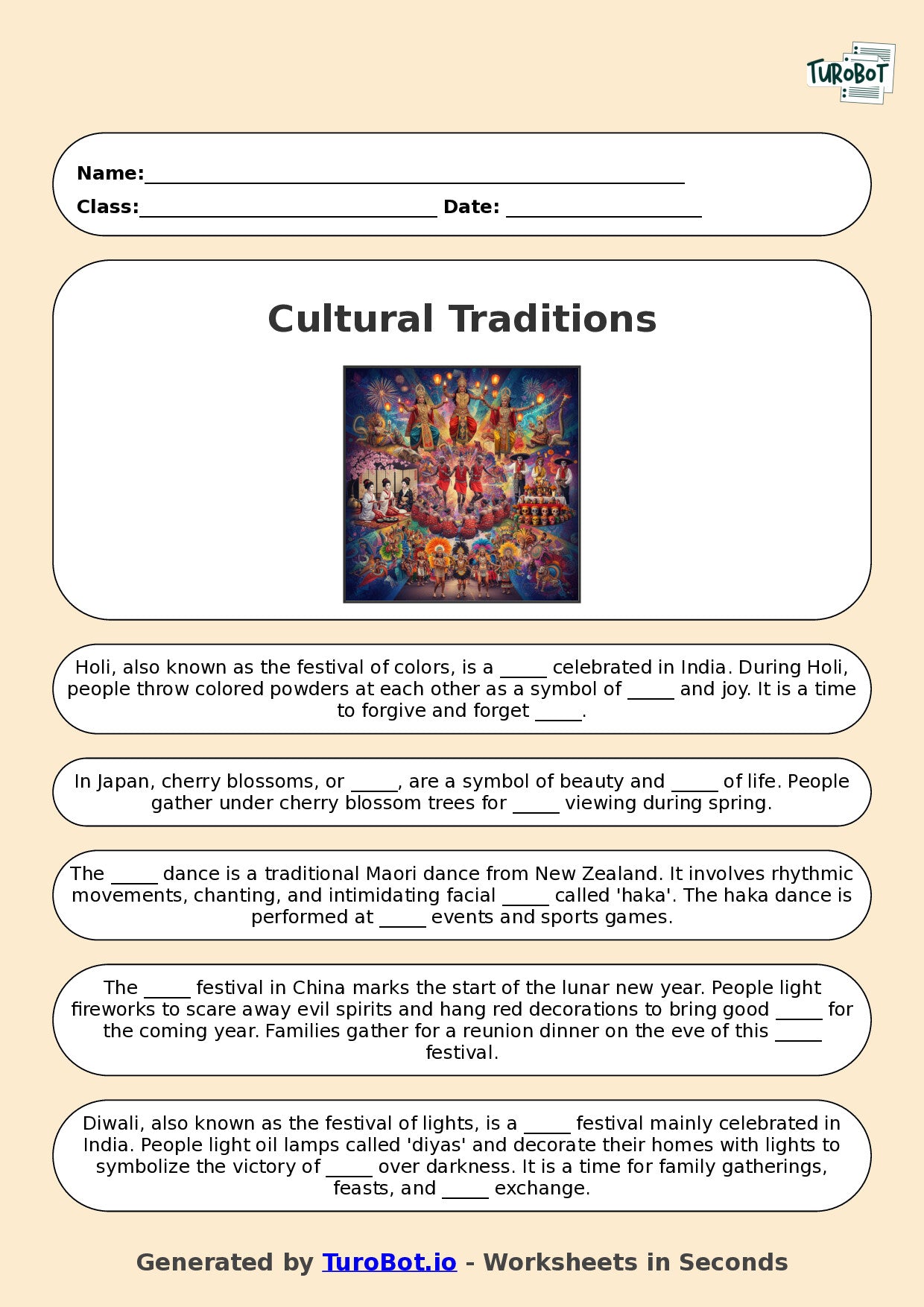 Year 7 Social Studies Fill in the Blanks Worksheet – Cultural Traditions Around the World