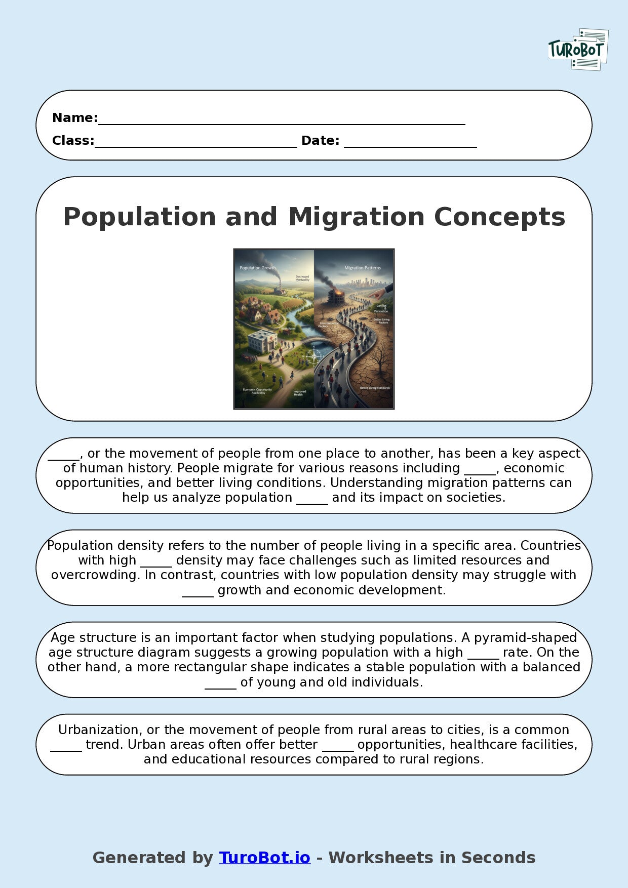 Year 8 Social Studies Fill in the Blanks Worksheet – Population and Migration Concepts