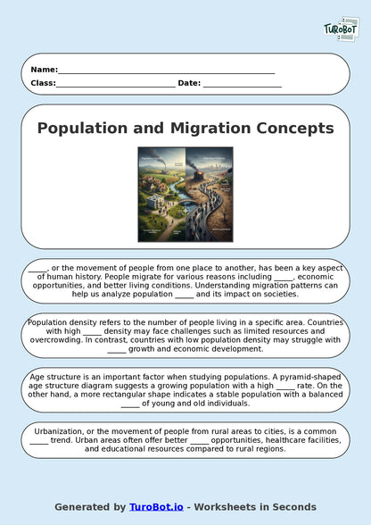 Year 8 Social Studies Fill in the Blanks Worksheet – Population and Migration Concepts