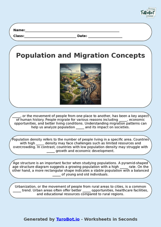 Year 8 Social Studies Fill in the Blanks Worksheet – Population and Migration Concepts