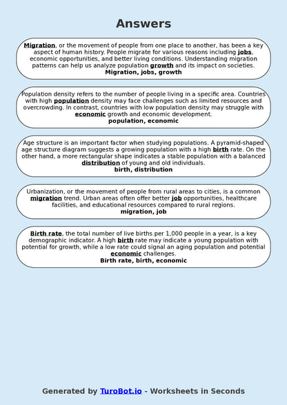 Year 8 Social Studies Fill in the Blanks Worksheet – Population and Migration Concepts