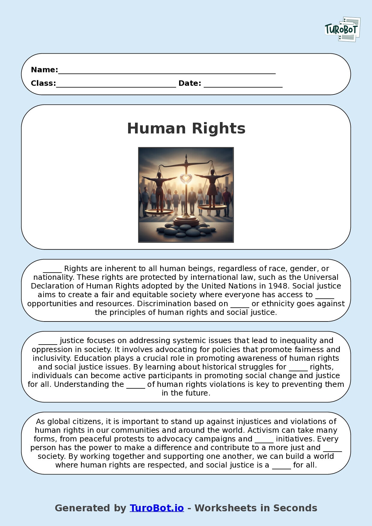 Year 9 Social Studies Fill in the Blanks Worksheet – Human Rights and Social Justice