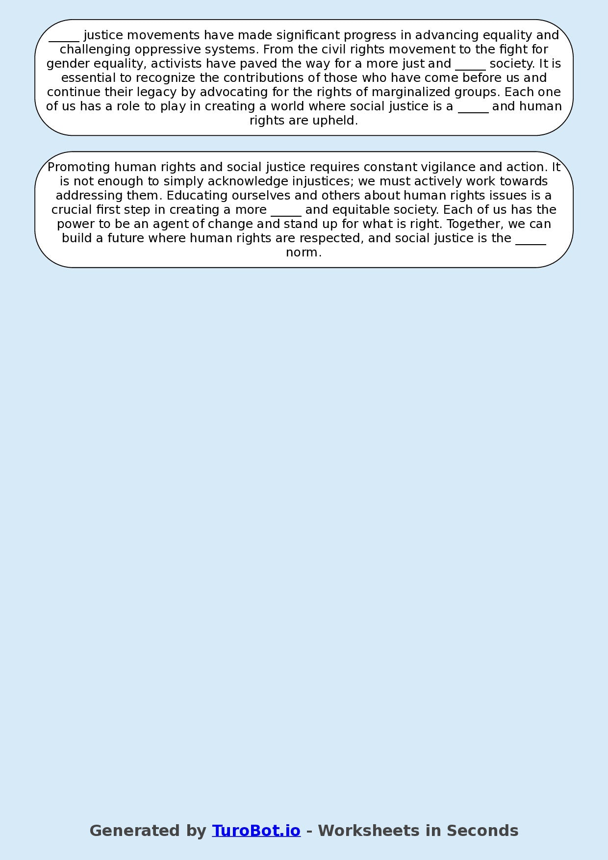 Year 9 Social Studies Fill in the Blanks Worksheet – Human Rights and Social Justice