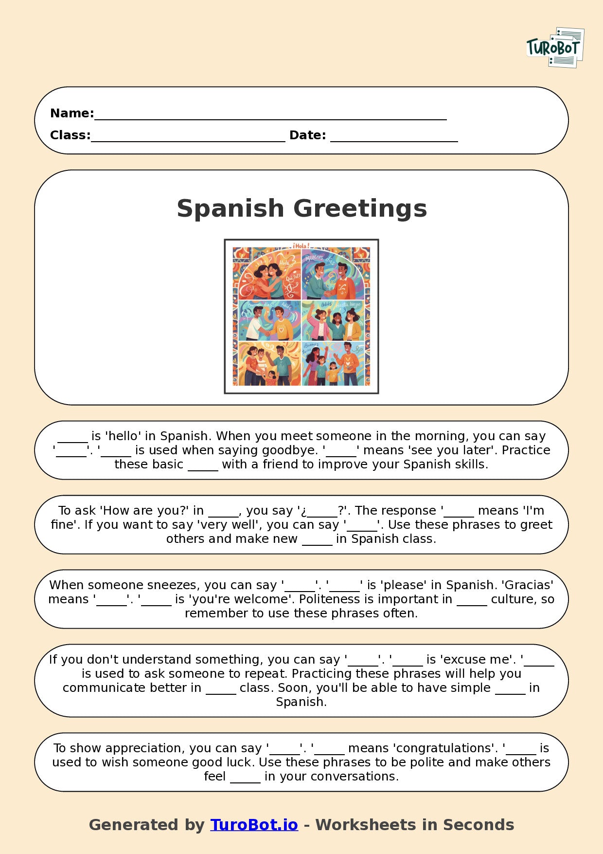 Year 5 Spanish Fill in the Blanks Worksheet – Basic Spanish Greetings