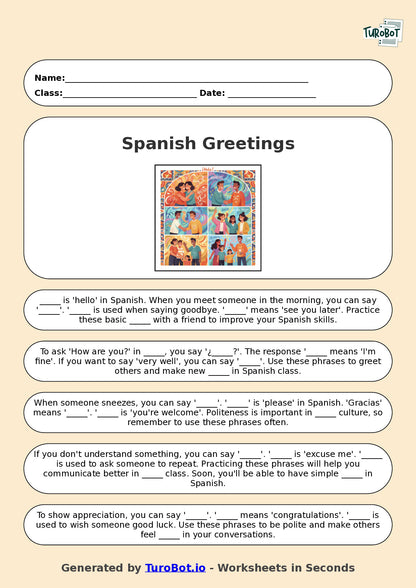 Year 5 Spanish Fill in the Blanks Worksheet – Basic Spanish Greetings