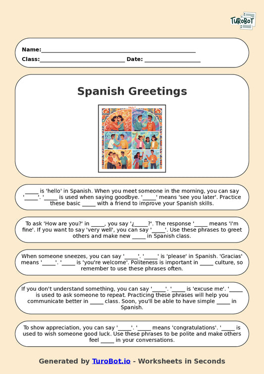 Year 5 Spanish Fill in the Blanks Worksheet – Basic Spanish Greetings
