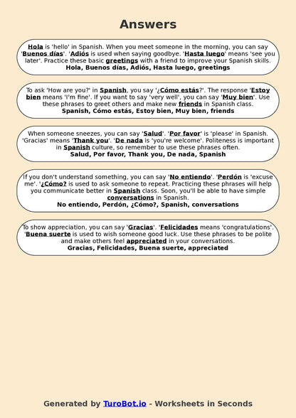 Year 5 Spanish Fill in the Blanks Worksheet – Basic Spanish Greetings