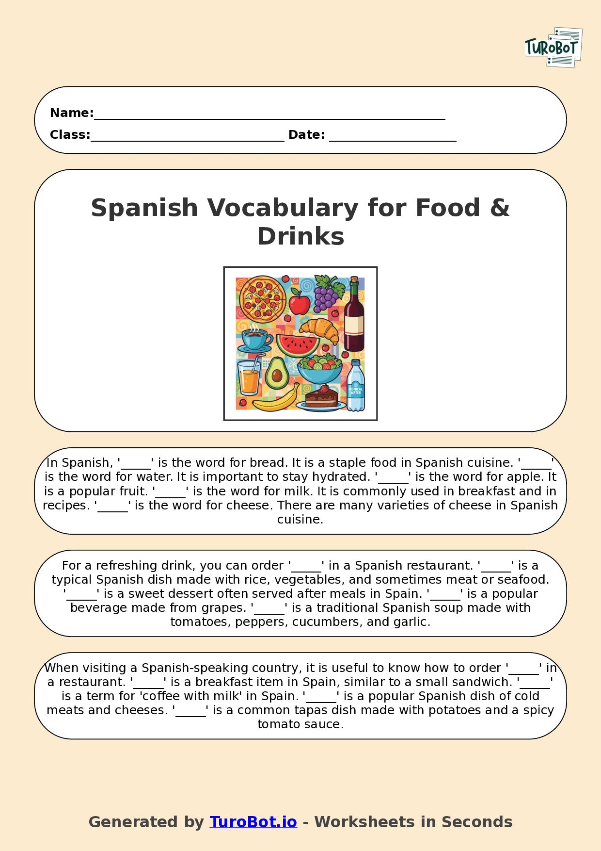 Year 6 Spanish Fill in the Blanks Worksheet – Spanish Vocabulary for Food & Drinks