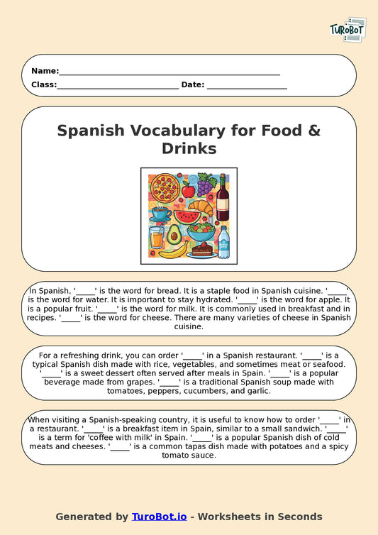Year 6 Spanish Fill in the Blanks Worksheet – Spanish Vocabulary for Food & Drinks