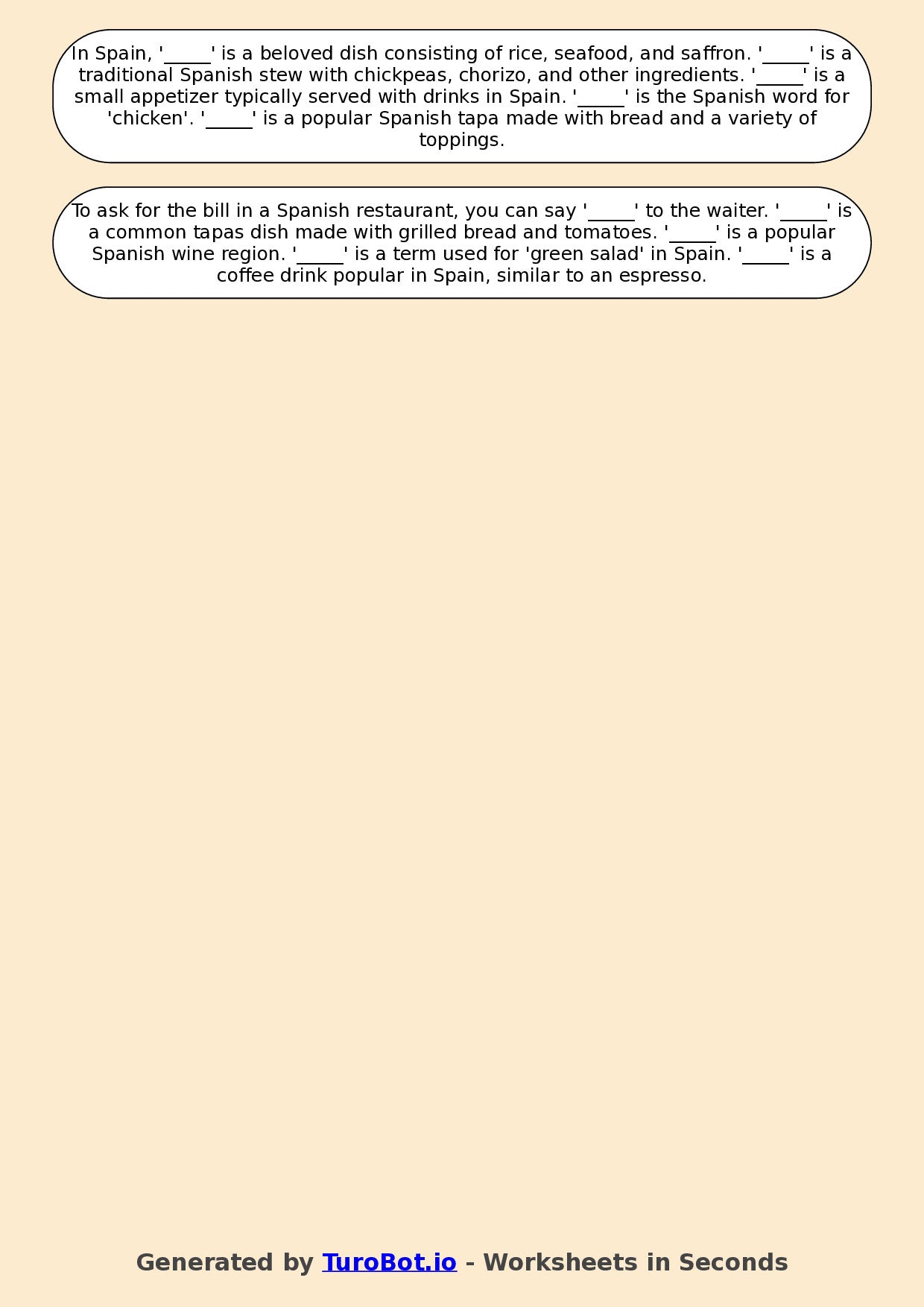 Year 6 Spanish Fill in the Blanks Worksheet – Spanish Vocabulary for Food & Drinks