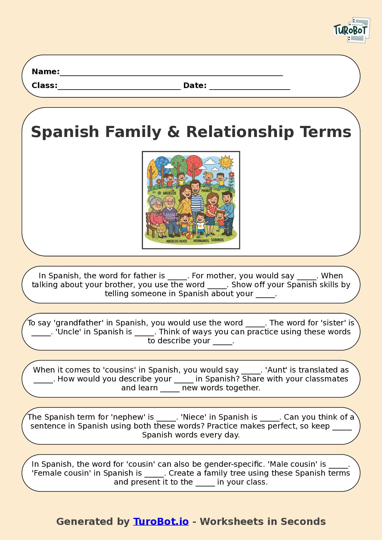 Year 7 Spanish Fill in the Blanks Worksheet – Spanish Family & Relationship Terms