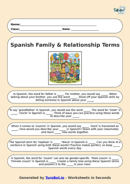 Year 7 Spanish Fill in the Blanks Worksheet – Spanish Family & Relationship Terms