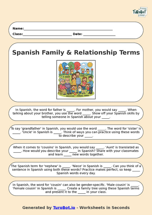 Year 7 Spanish Fill in the Blanks Worksheet – Spanish Family & Relationship Terms