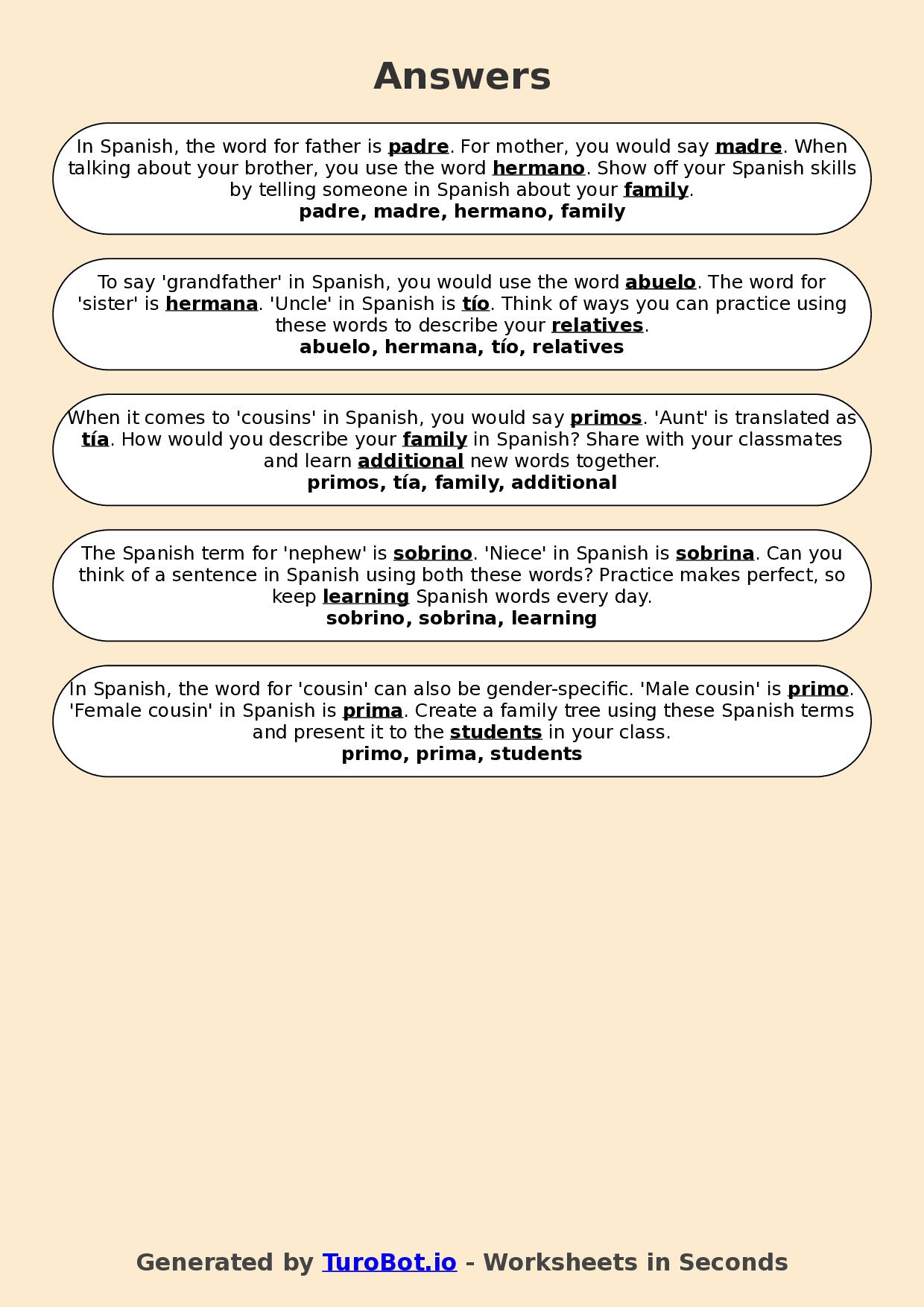 Year 7 Spanish Fill in the Blanks Worksheet – Spanish Family & Relationship Terms