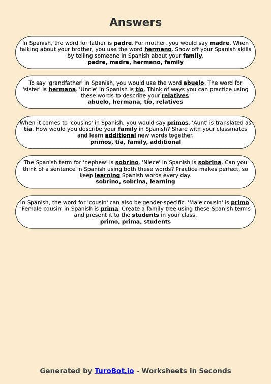 Year 7 Spanish Fill in the Blanks Worksheet – Spanish Family & Relationship Terms