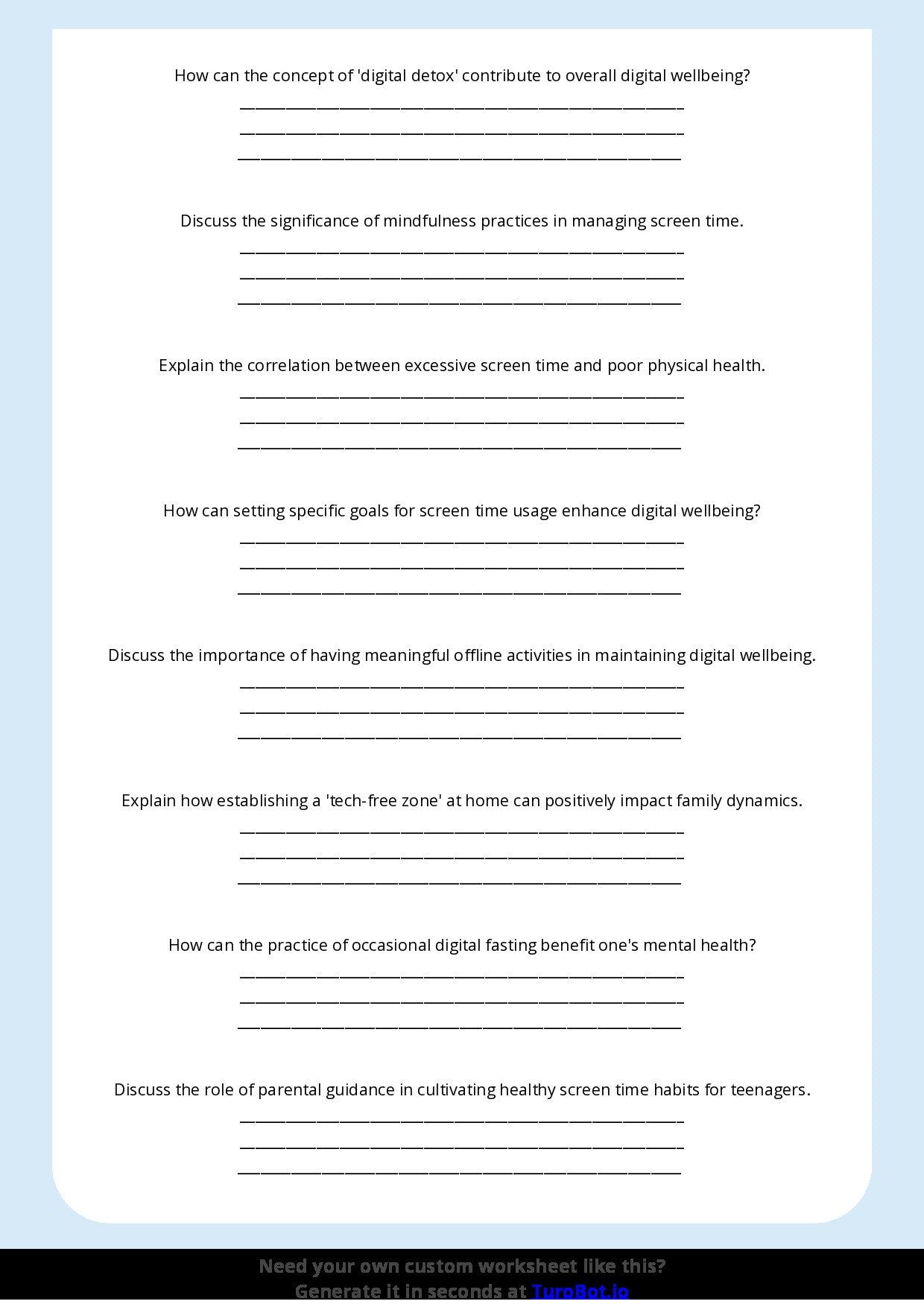 Free Worksheet - Year 10 Technology Managing Screen Time and Digital Wellbeing Short Answer Response