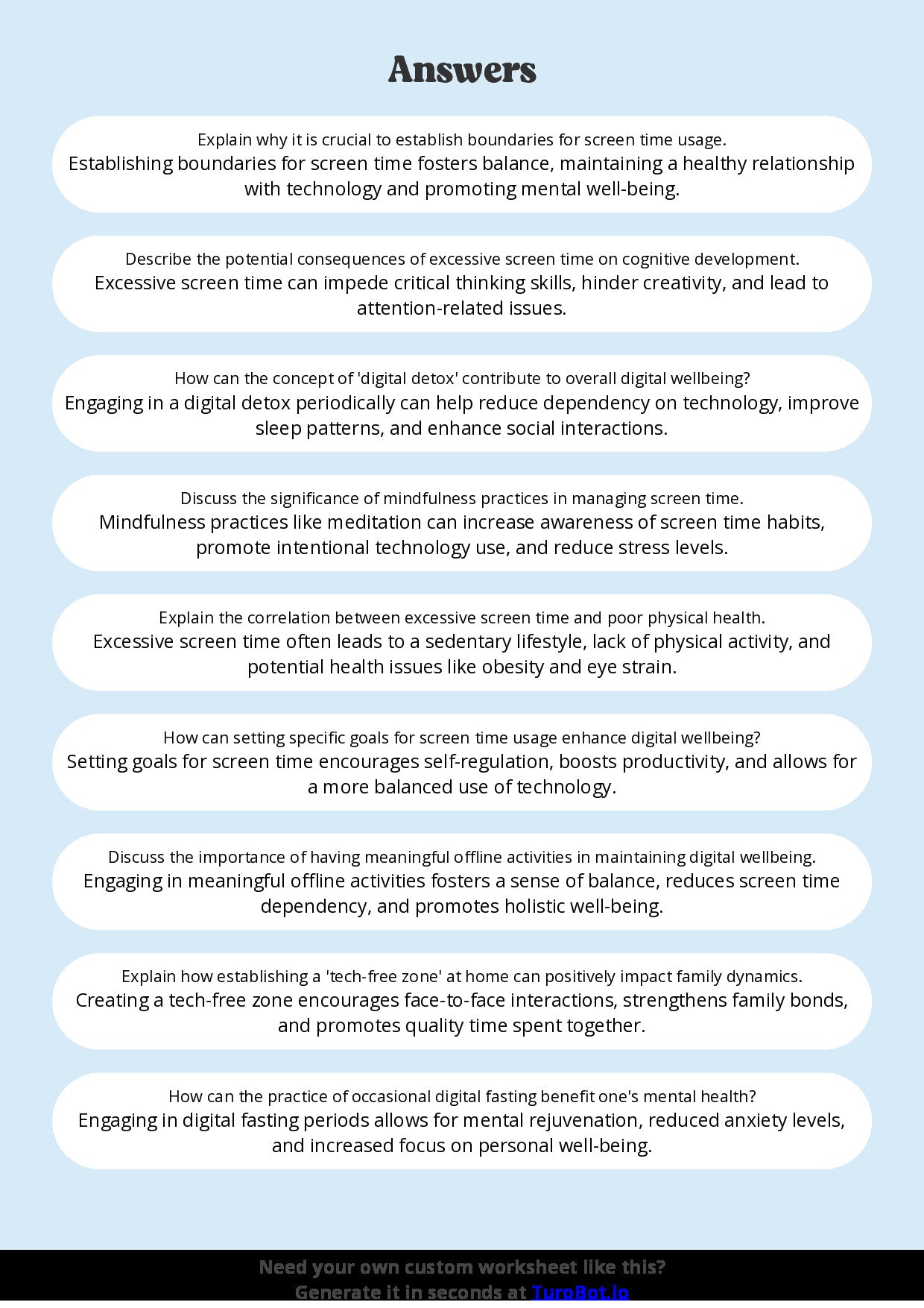 Free Worksheet - Year 10 Technology Managing Screen Time and Digital Wellbeing Short Answer Response