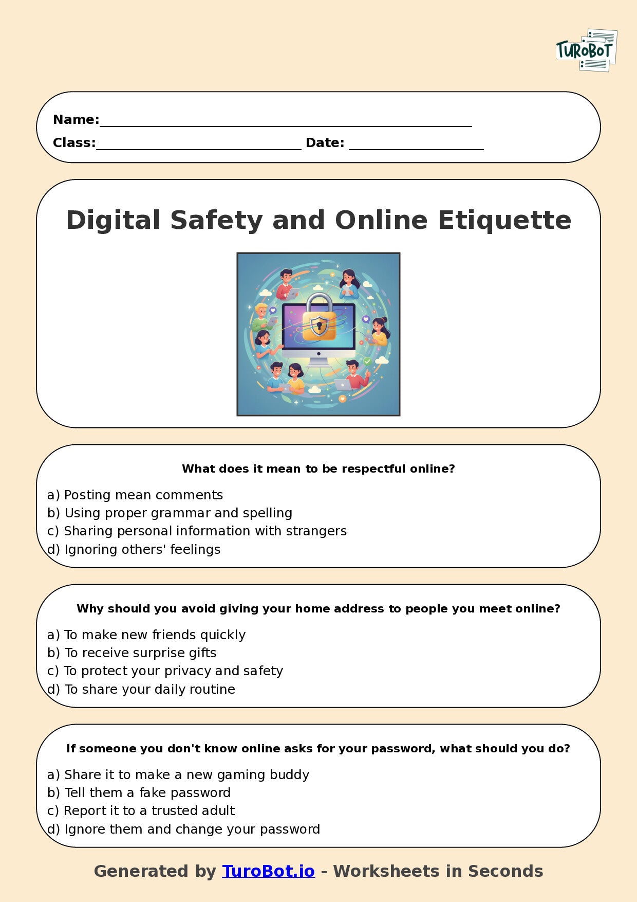 Year 5 Technology Multiple Choice Worksheet – Digital Safety and Online Etiquette