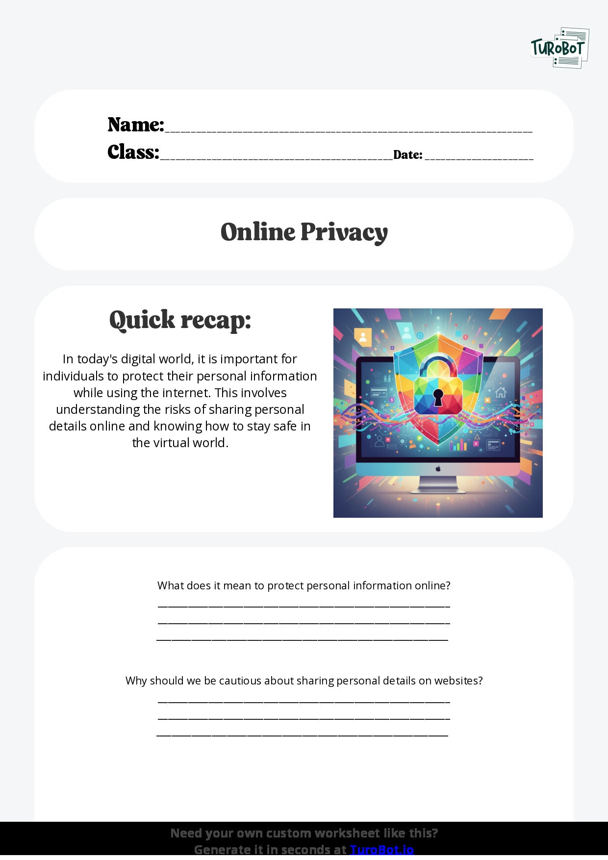 Free Worksheet - Year 6 Technology Protecting Personal Information Online Short Answer Response