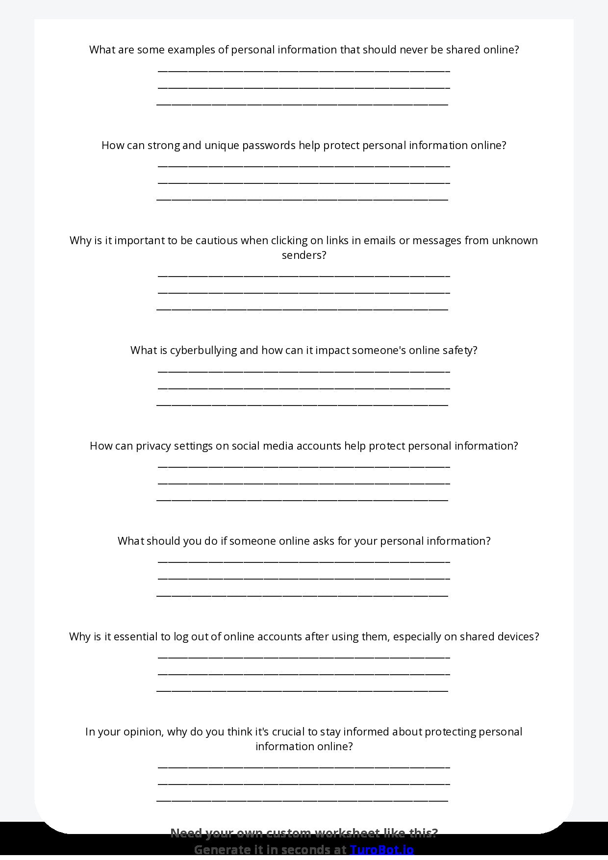 Free Worksheet - Year 6 Technology Protecting Personal Information Online Short Answer Response