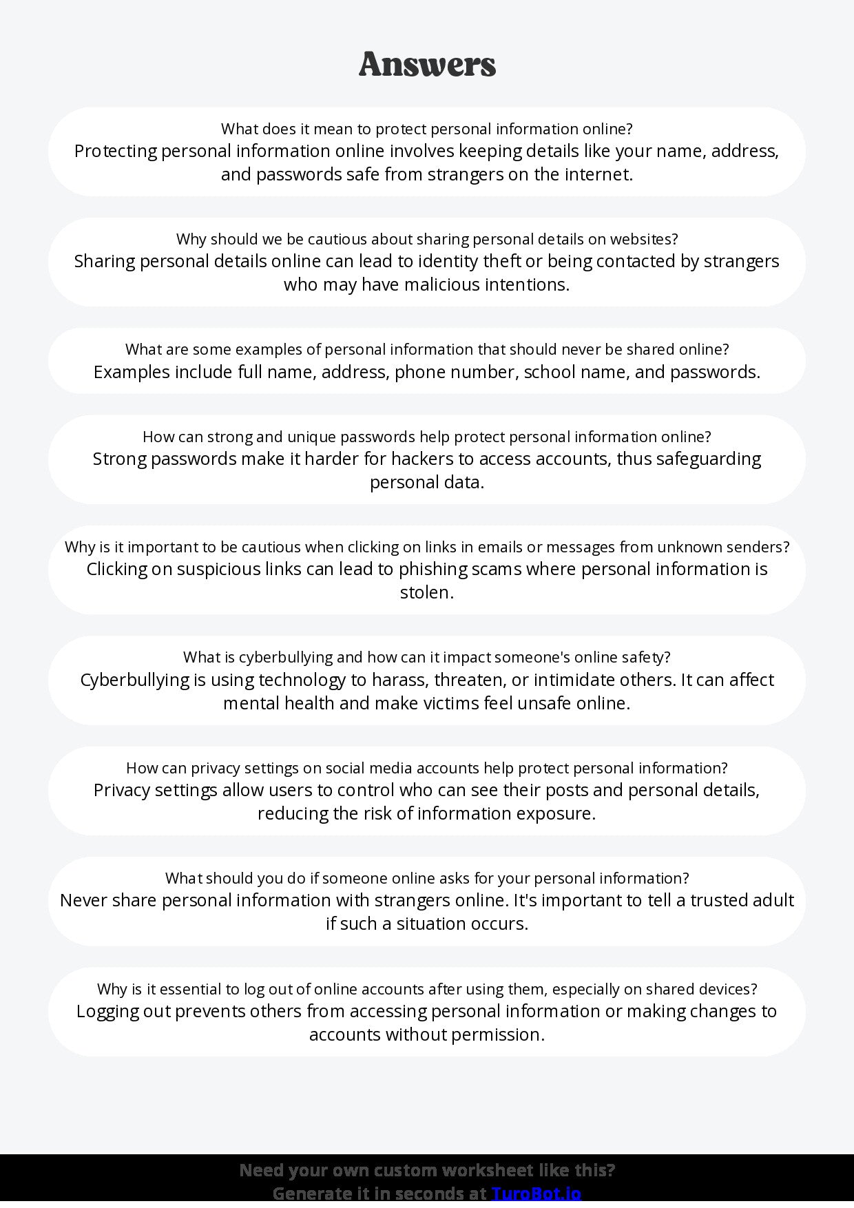 Free Worksheet - Year 6 Technology Protecting Personal Information Online Short Answer Response