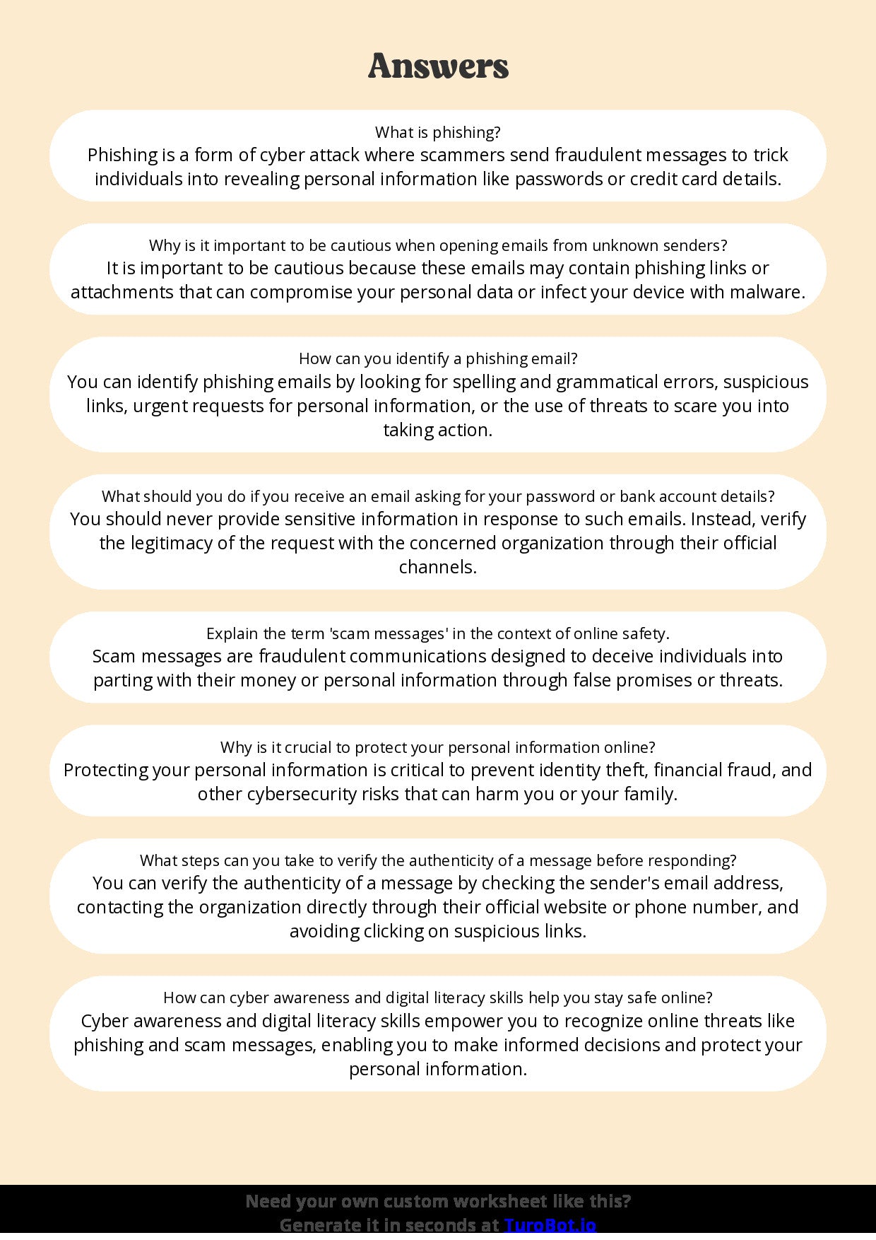 Free Worksheet - Year 6 Technology Recognising Phishing and Scam Messages Short Answer Response