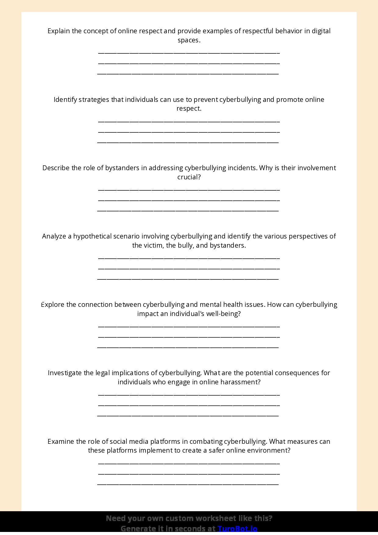 Free Worksheet - Year 7 Technology Understanding Cyberbullying and Online Respect Short Answer Response