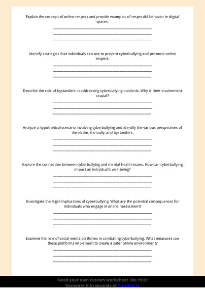 Free Worksheet - Year 7 Technology Understanding Cyberbullying and Online Respect Short Answer Response